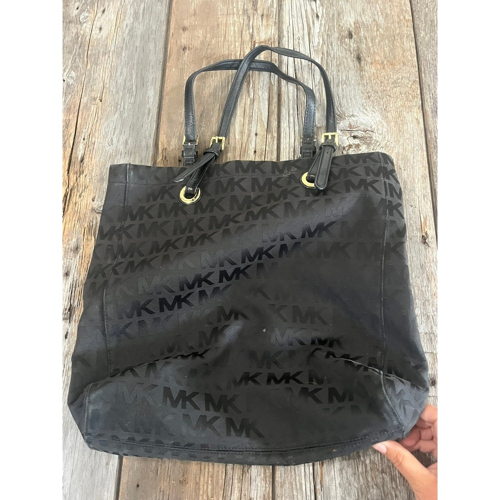 Michael Kors Black Monogram Nylon Tote Bag Gold Hardware MK Logo Shoulder Bag - Picture 2 of 3